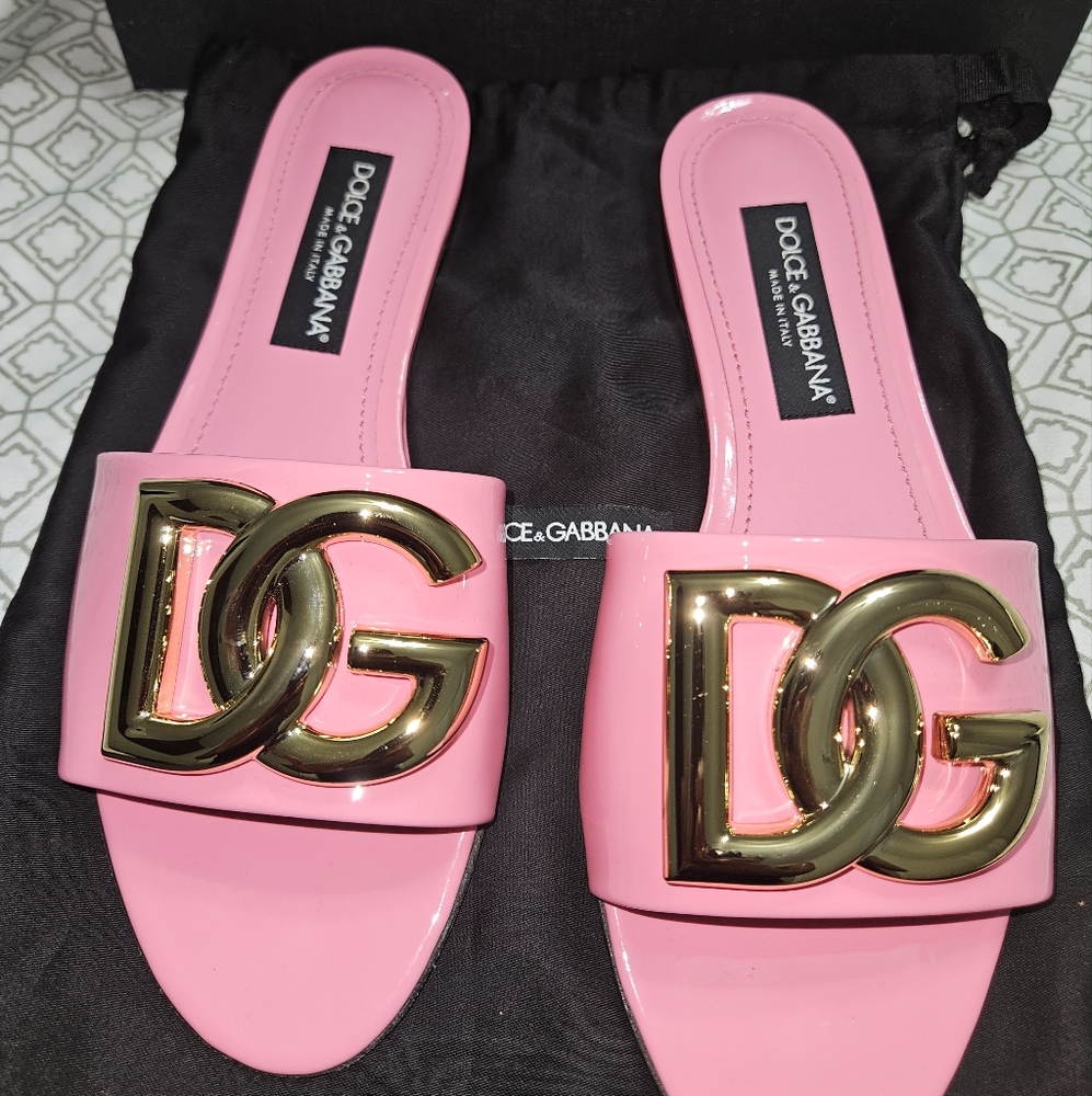 Dolce & Gabbana Pink and Gold Sandals with Logo